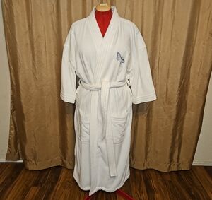 Monarch Cypress White Cotton Terry Cloth Bathrobe with Embroidered Butterfly